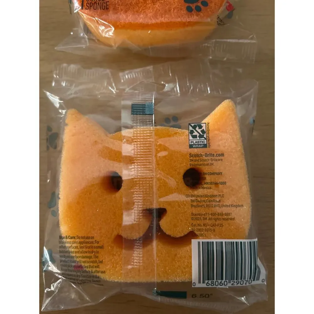 New 2pk Limited Edition Scotch Brite Sponges Non Scratch Two Sided Orange Cat